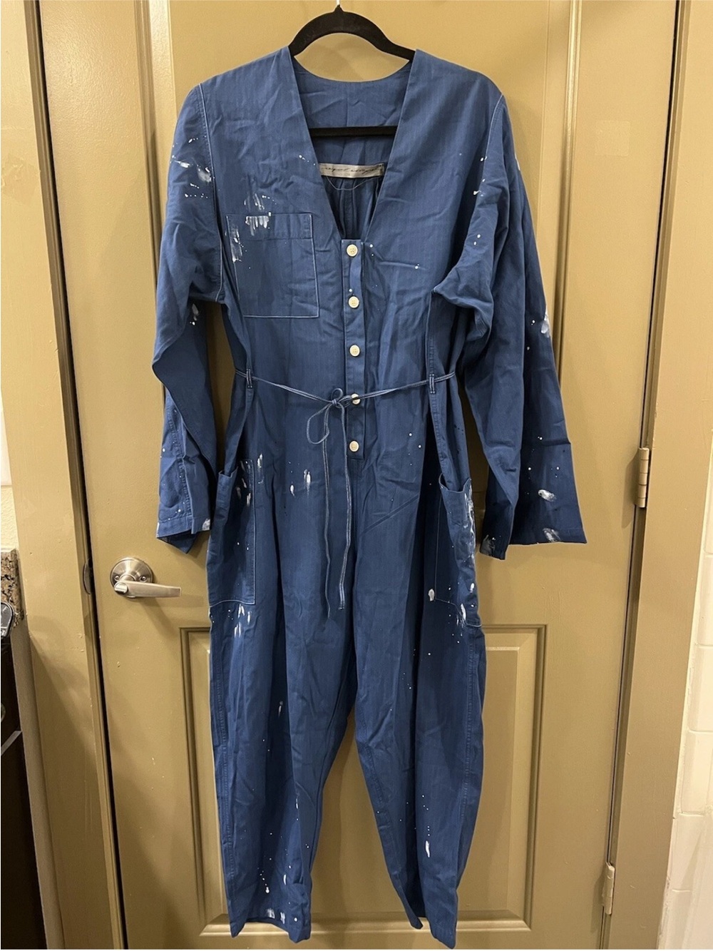 Blue Button-Front Utility Jumpsuit with Tie Waist NWOT